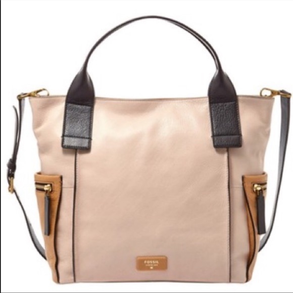 Fossil Emerson Color Block Side Pocket Satchel Tote Purse Leather Tan Black - Picture 2 of 10